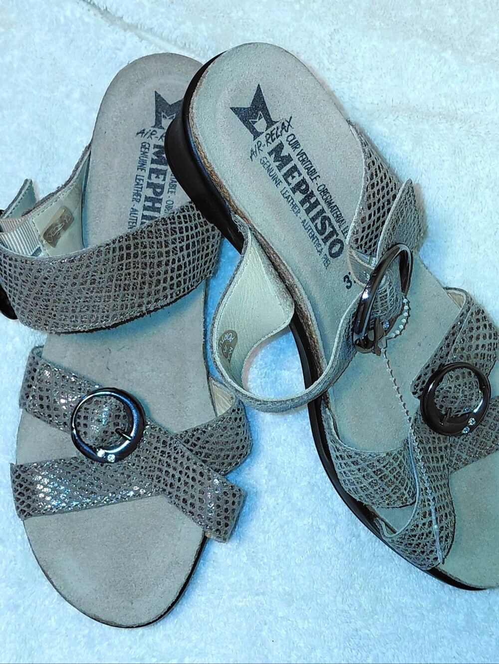 NWT Mephisto Air Relax Women's Leather Textured Buckle Sandals, Sz 37 (6-7 Usa)